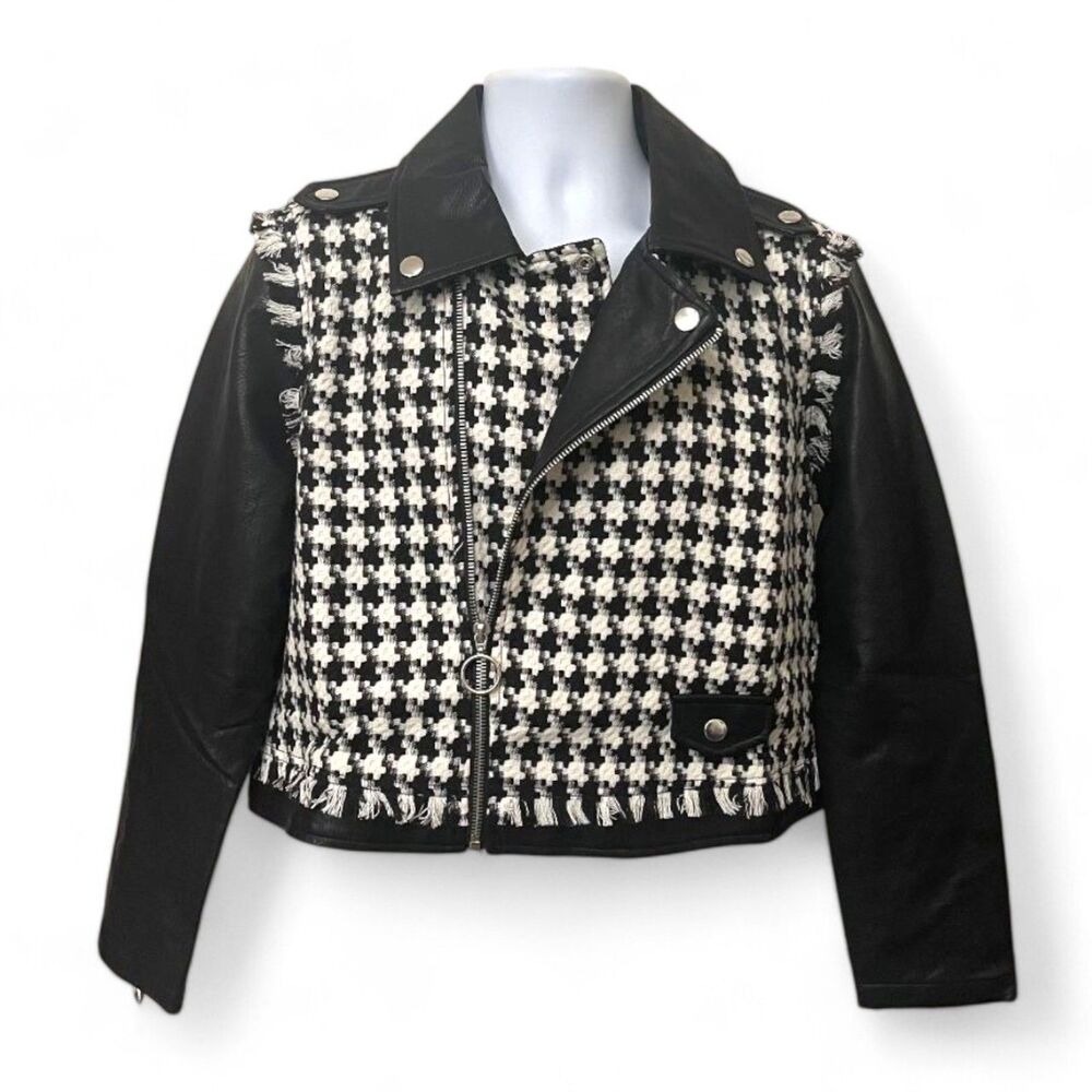 SONCY Houndstooth Frayed Edge and Faux Leather Moto Jacket, NEW! Size 0=12